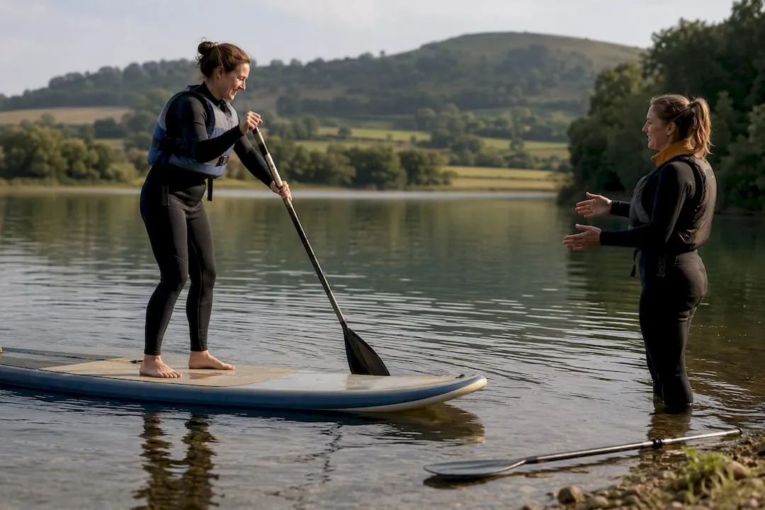 Instructor coaching beginner paddleboarder