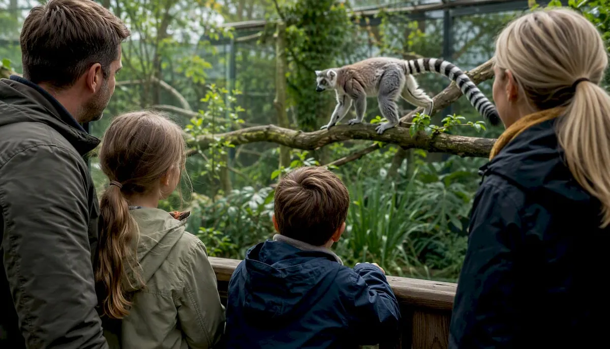 A family at a railing watching a ring-tailed lemur walk along a branch inside an enclosure