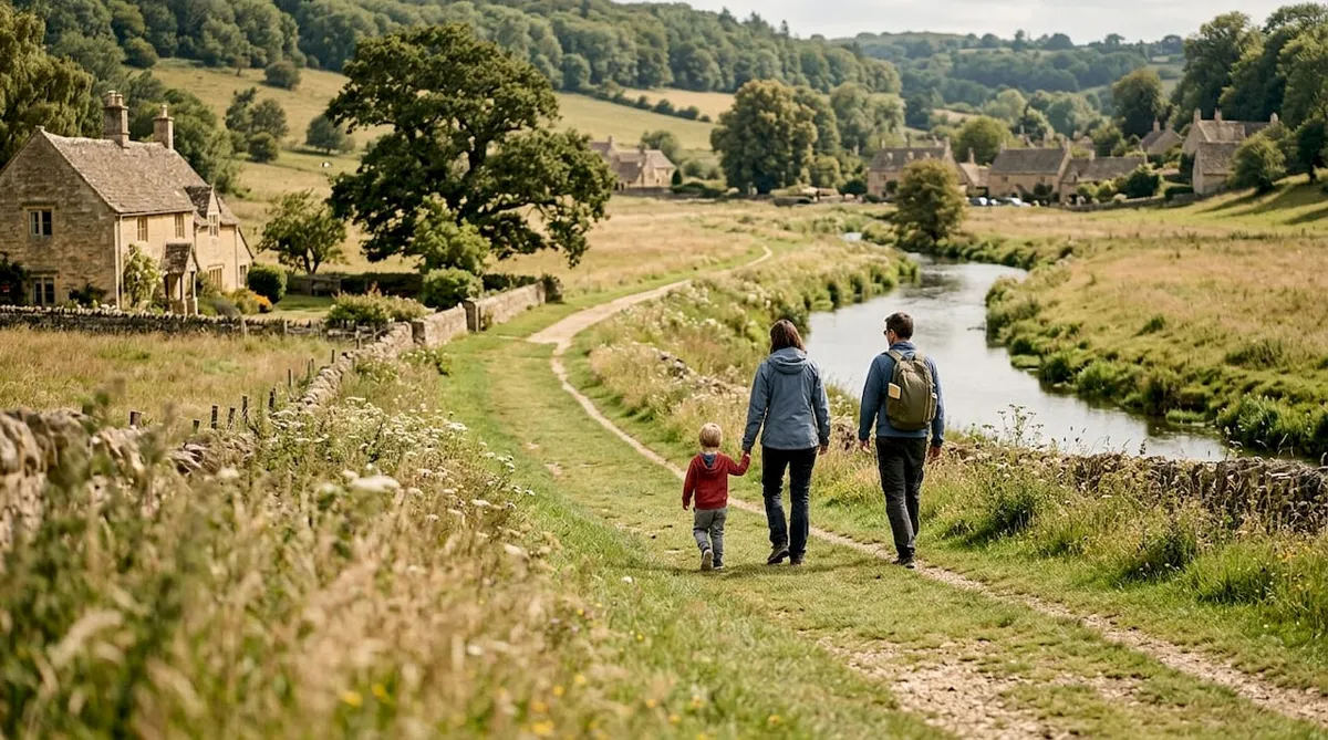 Family walking a gentle Cotswolds trail
