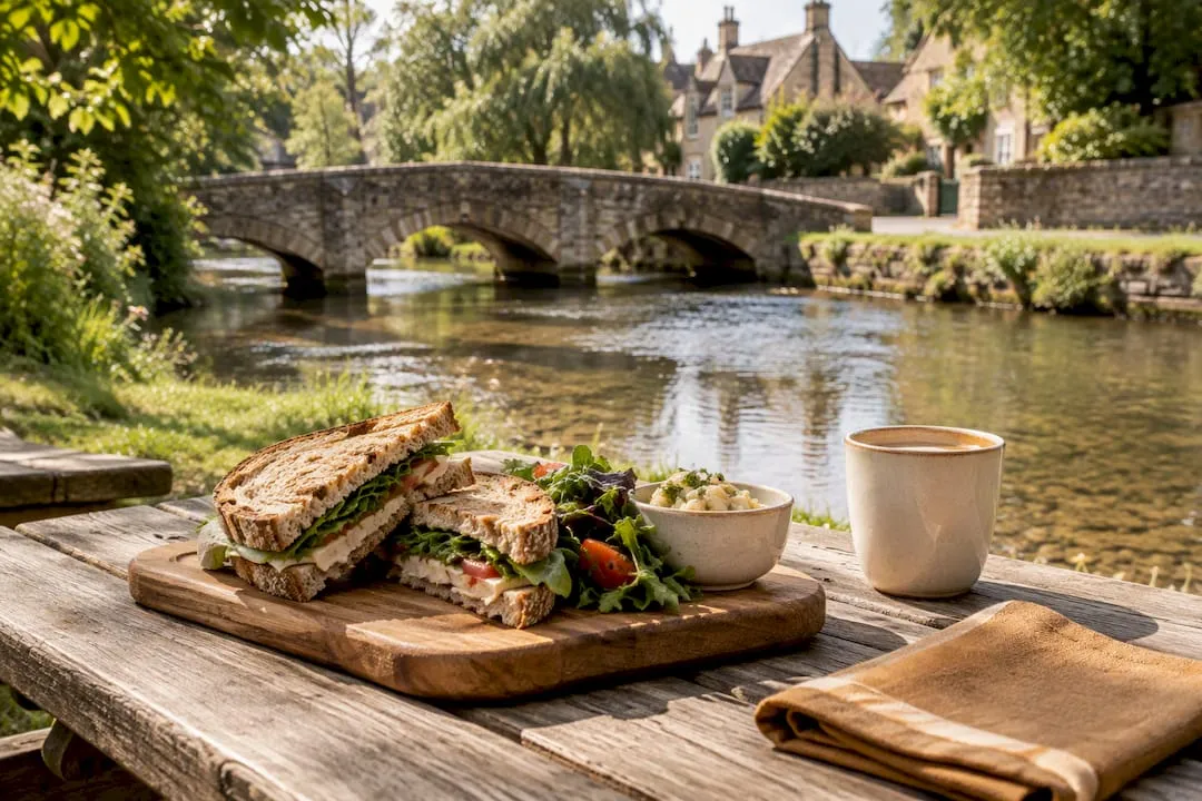 A sandwich, salad and coffee on a picnic table beside a shallow river with a low stone bridge and honey-stone houses behind