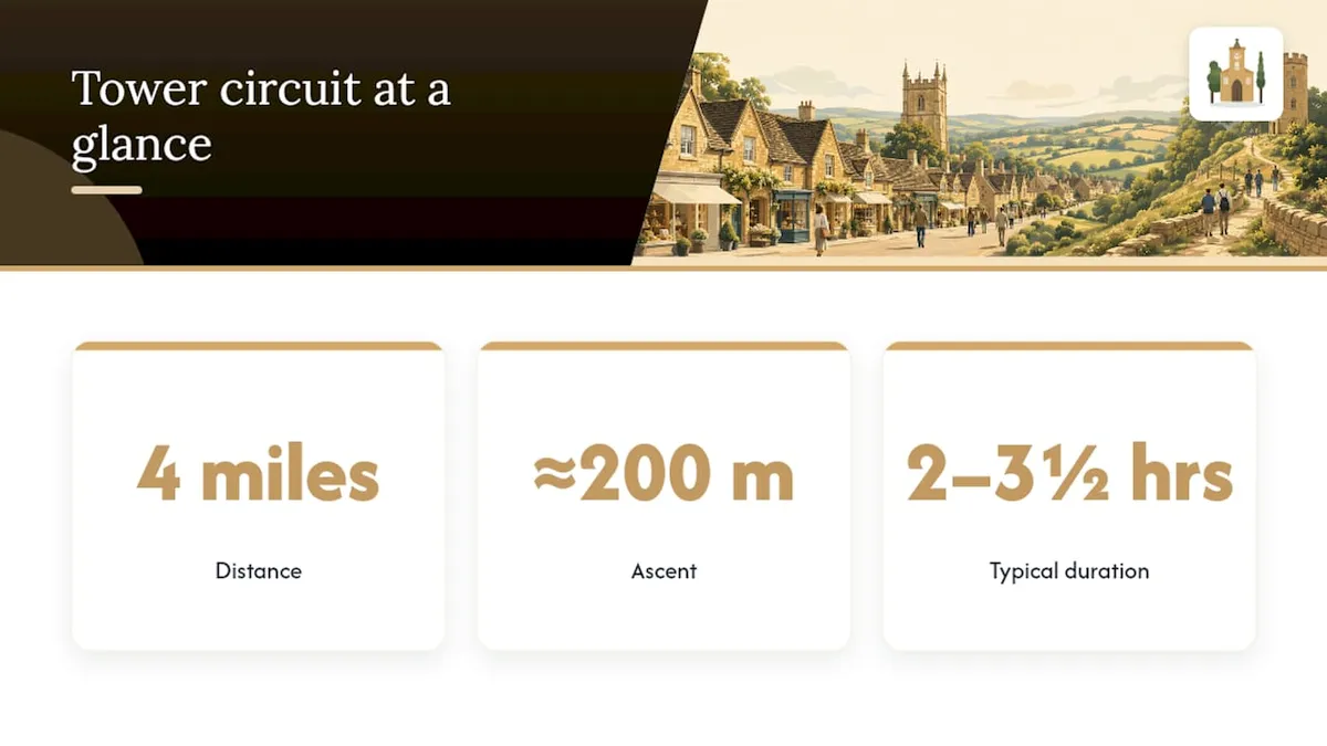 Tower circuit at a glance: 4 miles, about 200 metres of ascent, 2 to 3½ hours
