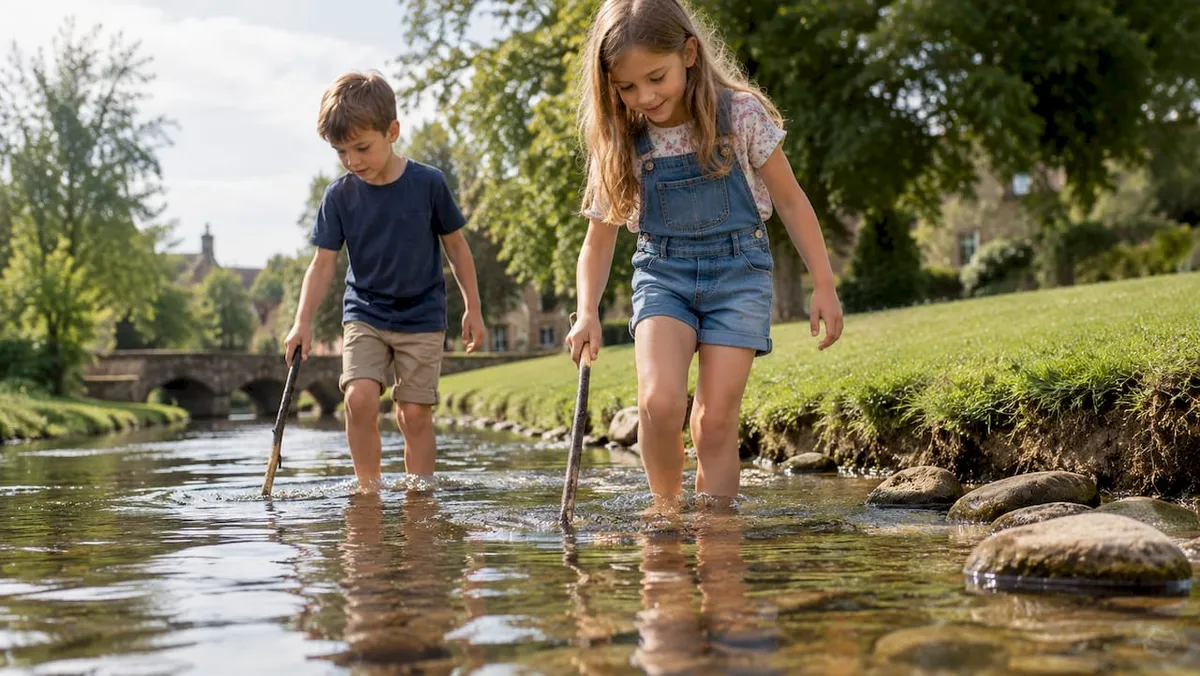 Children paddling in shallow Bourton river