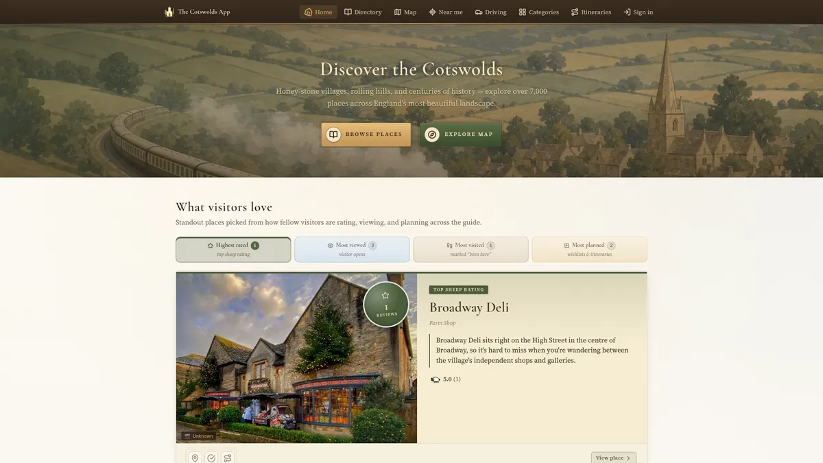 The Cotswolds App home screen: a poster hero above the What visitors love tabs and a top-rated place card