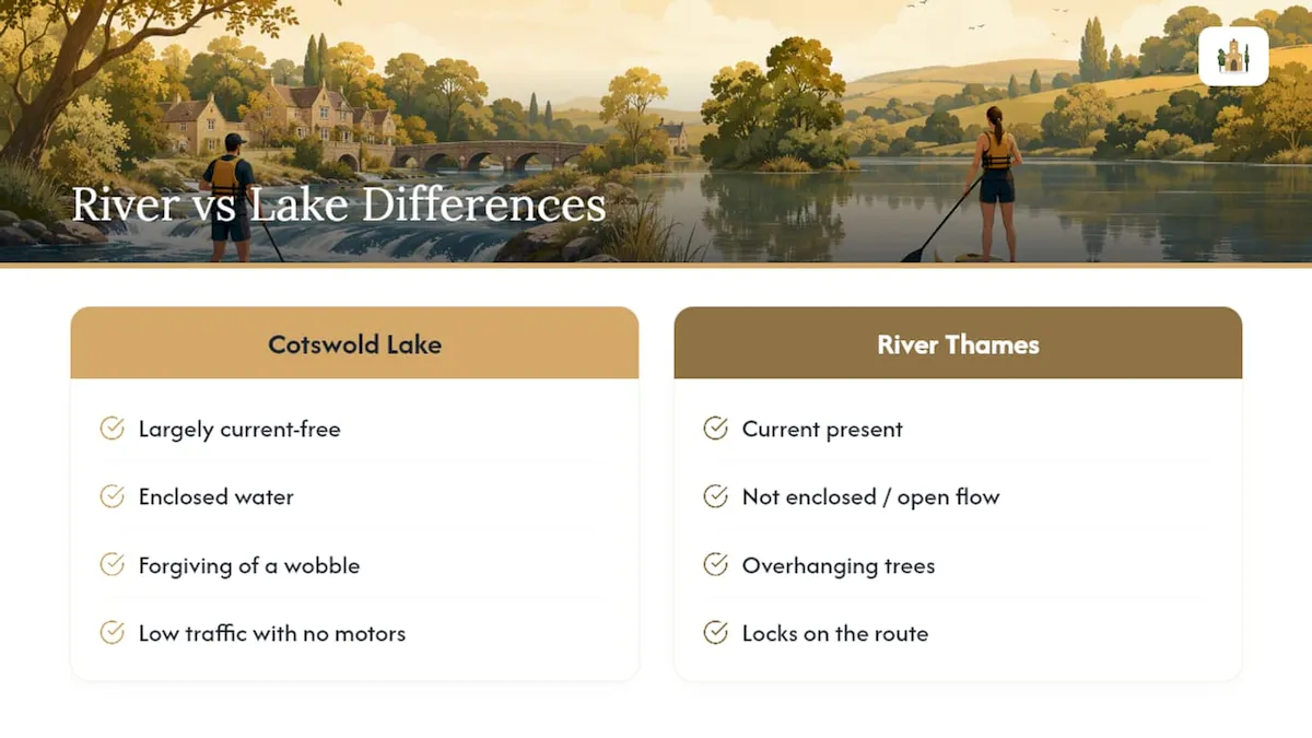 River compared with lake paddleboarding. A Cotswold lake is largely current-free, enclosed, forgiving of a wobble and has no motor traffic. The River Thames has current, open flow, overhanging trees and locks on the route