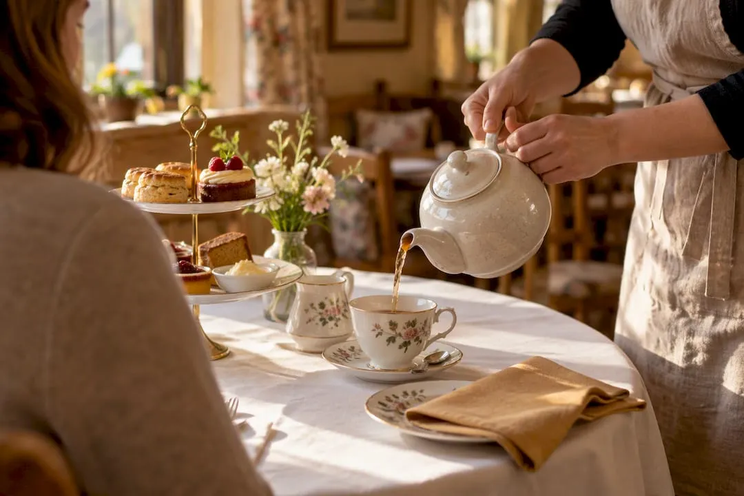 Tea being poured at a tearoom table set with scones and cakes on a tiered stand