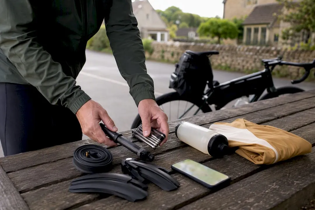 Cycling tools and water bottle ready