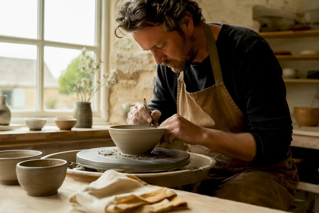 A potter trimming a bowl on a wheel in a stone-walled workshop, finished bowls on the bench beside him