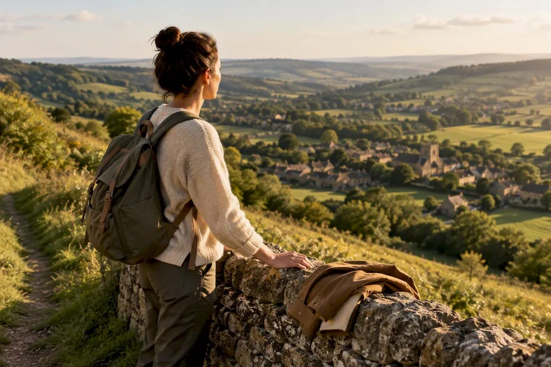 A walker with a rucksack leaning on a dry stone wall above a valley village with a church tower, in evening light