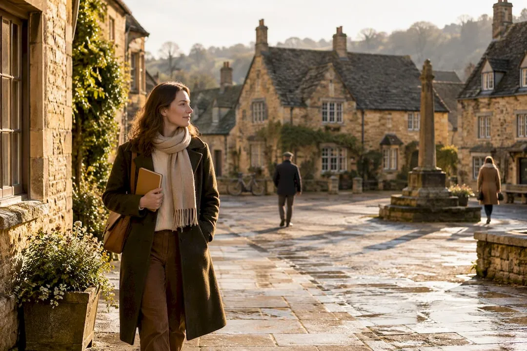 A woman walking across a sunlit stone-paved square with a market cross and honey-stone houses