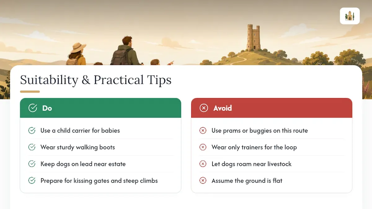 Do and avoid list for the Broadway Tower walk. Do: use a child carrier, wear sturdy boots, keep dogs on leads, expect kissing gates and steep climbs. Avoid: prams or buggies, trainers only, letting dogs roam near livestock, assuming the ground is flat