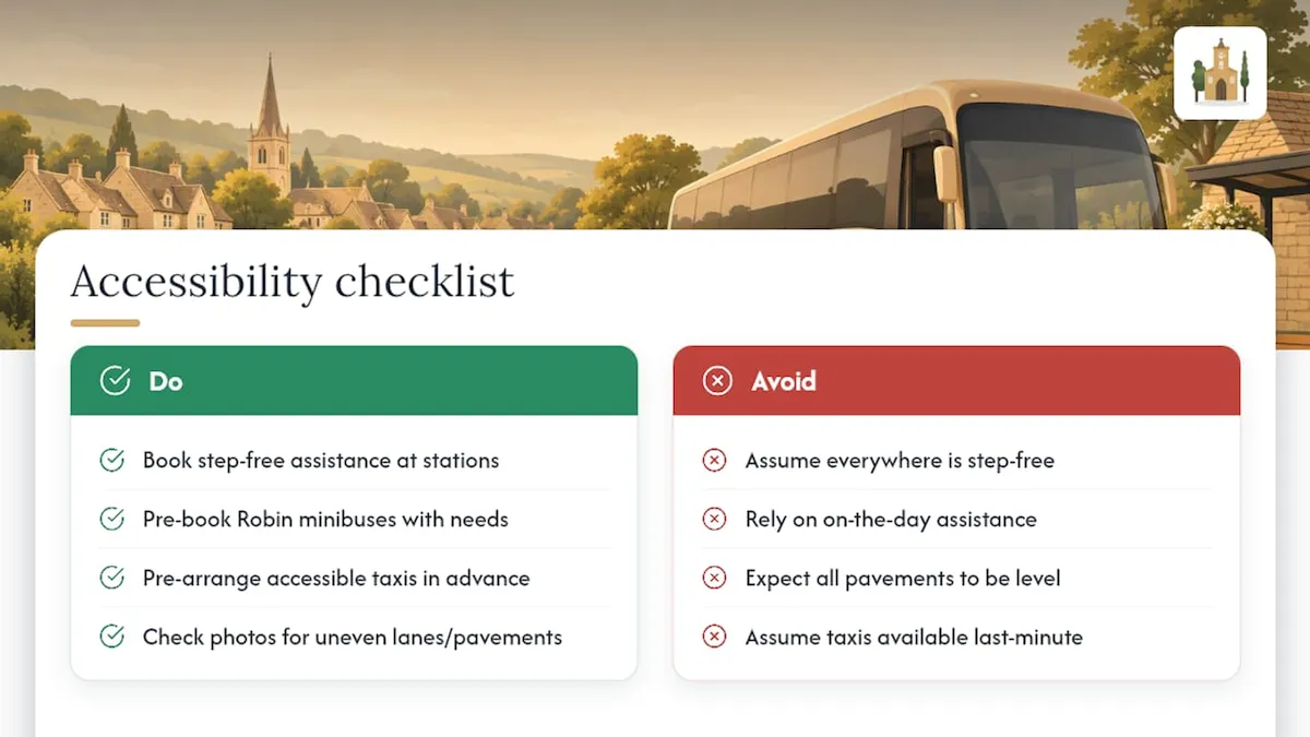 Accessibility checklist. Do: book step-free assistance at stations, pre-book Robin minibuses with your needs, pre-arrange accessible taxis, check photos for uneven lanes. Avoid: assuming everywhere is step-free, relying on on-the-day assistance, expecting level pavements, assuming taxis are available last-minute.