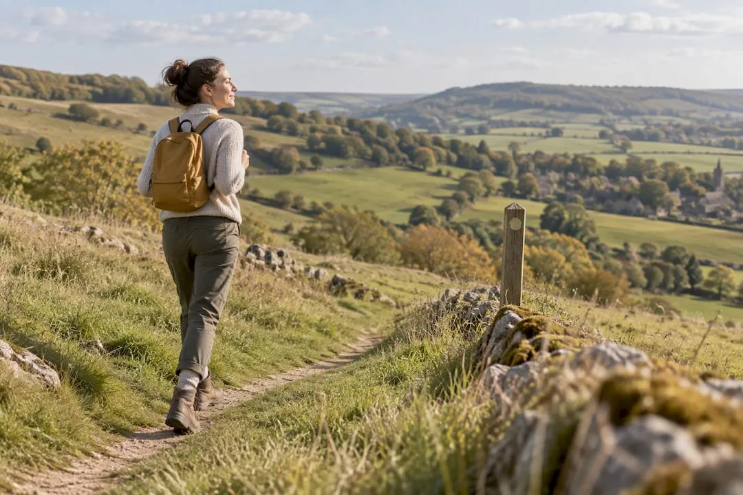 A walker with a rucksack on a grassy hillside path beside a dry stone wall, a valley village and church tower below