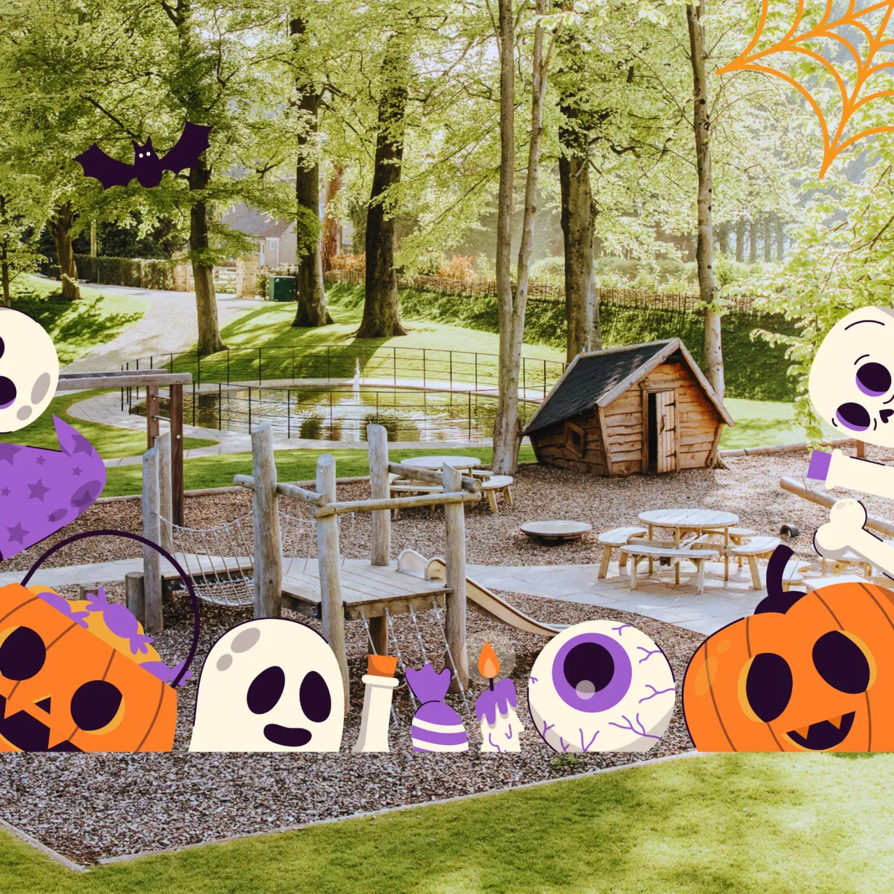 The children’s play area at Elkstone Studios, with cartoon pumpkins, ghosts and a bat added for Halloween