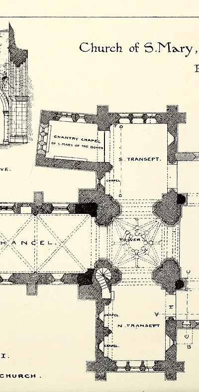 Plan of Bishops Cannings Church. Plate I from: Ponting., C.E (1887). "Notes on the Church of St. Mary the Virgin, Bishops Cannings". Wiltshire Archaeology and Natural History Magazine 23: 1-13.
