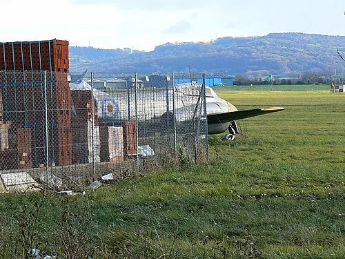 Gloster Meteor, Gloucestershire Airport, Churchdown If I have misidentified the plane please advise. Assuming I am correct this is an historic aircraft as it was the first jet fighter of either side to see service in the second world war. It seems rather sad to see it tucked away here although, in fairness, there is another example on display nearer the main road.