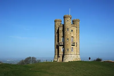 Broadway Tower, a folly in the English county of Worcestershire. The "Saxon" tower was designed by James Wyatt in 1794 to resemble a mock castle, and built for Lady Coventry in 1799. Broadway Tower sits on the edge of the second highest point in the Cotswolds overlooking the village of Broadway and the Severn Vale. From the top of the tower, on a clear day, as many as 16 English counties can be identified.