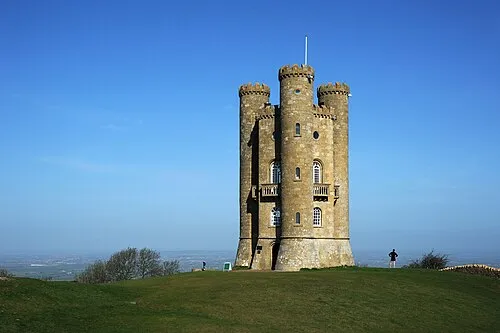 Broadway Tower, a folly in the English county of Worcestershire. The "Saxon" tower was designed by James Wyatt in 1794 to resemble a mock castle, and built for Lady Coventry in 1799. Broadway Tower sits on the edge of the second highest point in the Cotswolds overlooking the village of Broadway and the Severn Vale. From the top of the tower, on a clear day, as many as 16 English counties can be identified.
