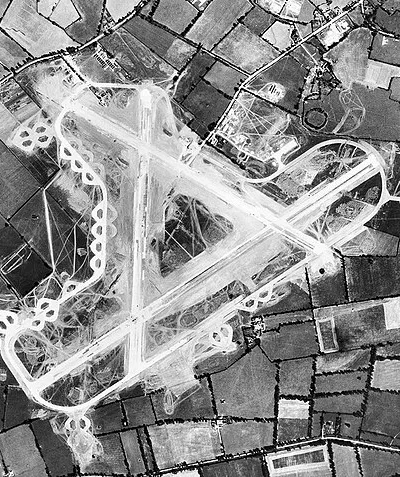 Aerial photograph of RAF Blakehill Farm airfield.  The technical site and barrack sites are to the right (east)  of the airfield, 17 July 1943. Photograph taken by 7th Photographic Reconnaissance Group, sortie number US/7PH/GP/LOC3. English Heritage (USAAF Photography).