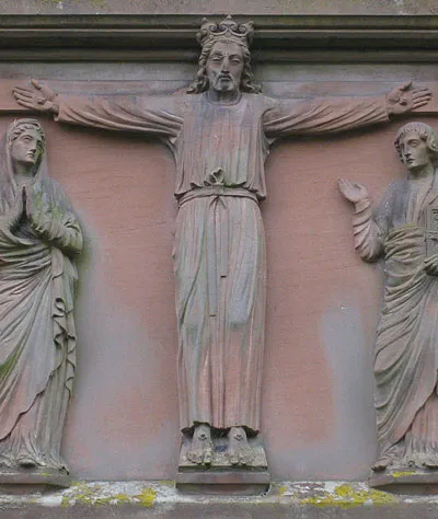Relief of the Crucifixion of Christ on the outside wall of the chancel of St Mary the Virgin parish church, Madresfield, Worcestershire, England