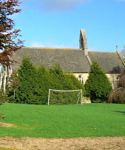 Church of St John the Baptist, France Lynch, Chalford The church was built in 1857 according to the village website. The derivation of the name 'France Lynch' from the same source is as follows: 
'Lynch from the Anglo-Saxon hline means a cultivated terrace following the contours of a hill. France is much more difficult to explain. Some say it is derived from Frams-eye (island) or ea(stream) from the Fram (Frome) river in the valley, thence, perhaps via Francey to France. Others say it is derived from the 17th century Huguenot refugees who settled here to make woollen cloth and silk.'

The land in the foreground is private but has a public footpath through it and this provided the viewpoint.