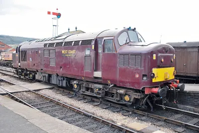Preserved English Electric Class 37/0 1,750 hp Co-Co No.37 248 "Loch Arkaig" (ex-D6948) in West Coast RC maroon livery, at Winchcome, G-WR, 3/10.