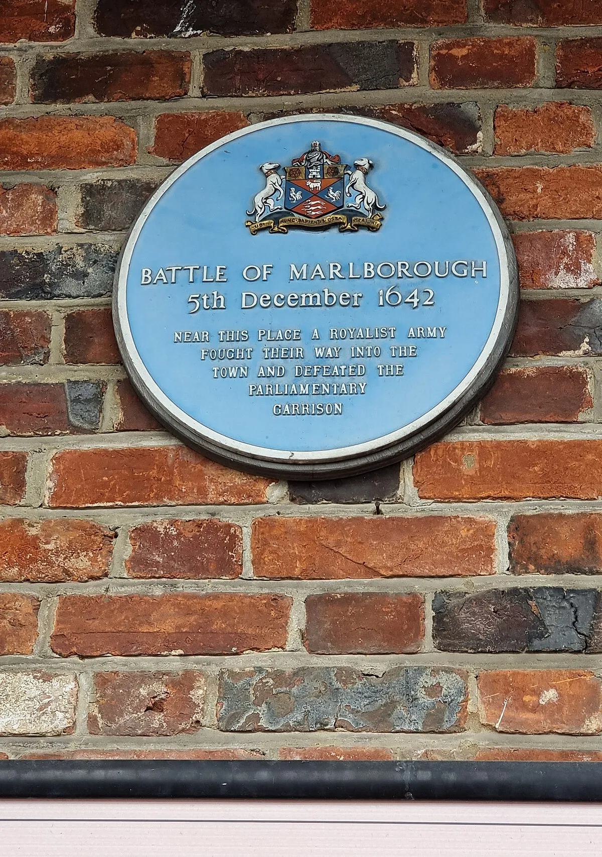 A plaque commemorating some English Civil War action in Marlborough, Wiltshire, UK.