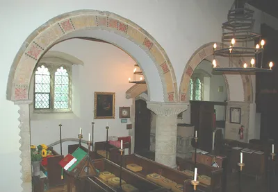 12th century Norman arcade and south aisle inside the Church of England parish church of St Edward the Confessor, Westcot Barton or Westcott Barton, Oxfordshire
