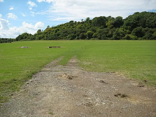 Field in front of Gadbury Bank The wooded hill in the background is the site of a hill fort.