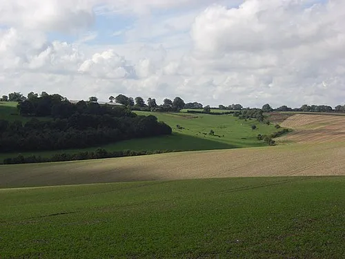Snap. A view from the bridleway just below Upper Upham. The medieval village was in the wooded and grassy areas.