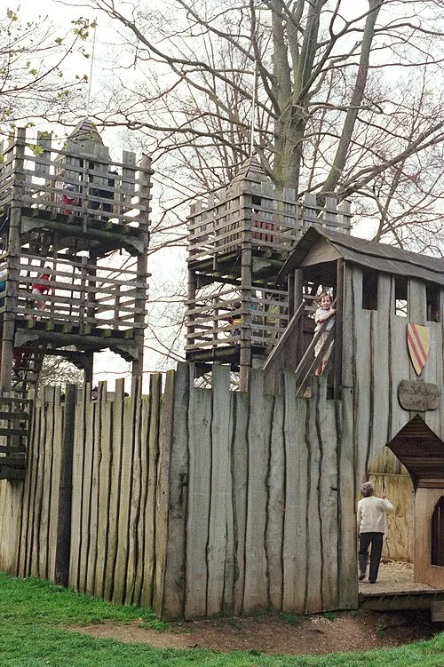 1992 Spring photograph of the adventure playground castle at the Grade I listed Sudeley Castle, near Winchcombe, Gloucestershire, England.Processing: Analogue camera with Kodak Gold ASA 200-2 film. Negative scanned with an Epson Perfection V800 using SilverFast 8 scan program, and optimized, cropped and spun with DxO OpticsPro 10 Elite and Adobe Photoshop CS2.