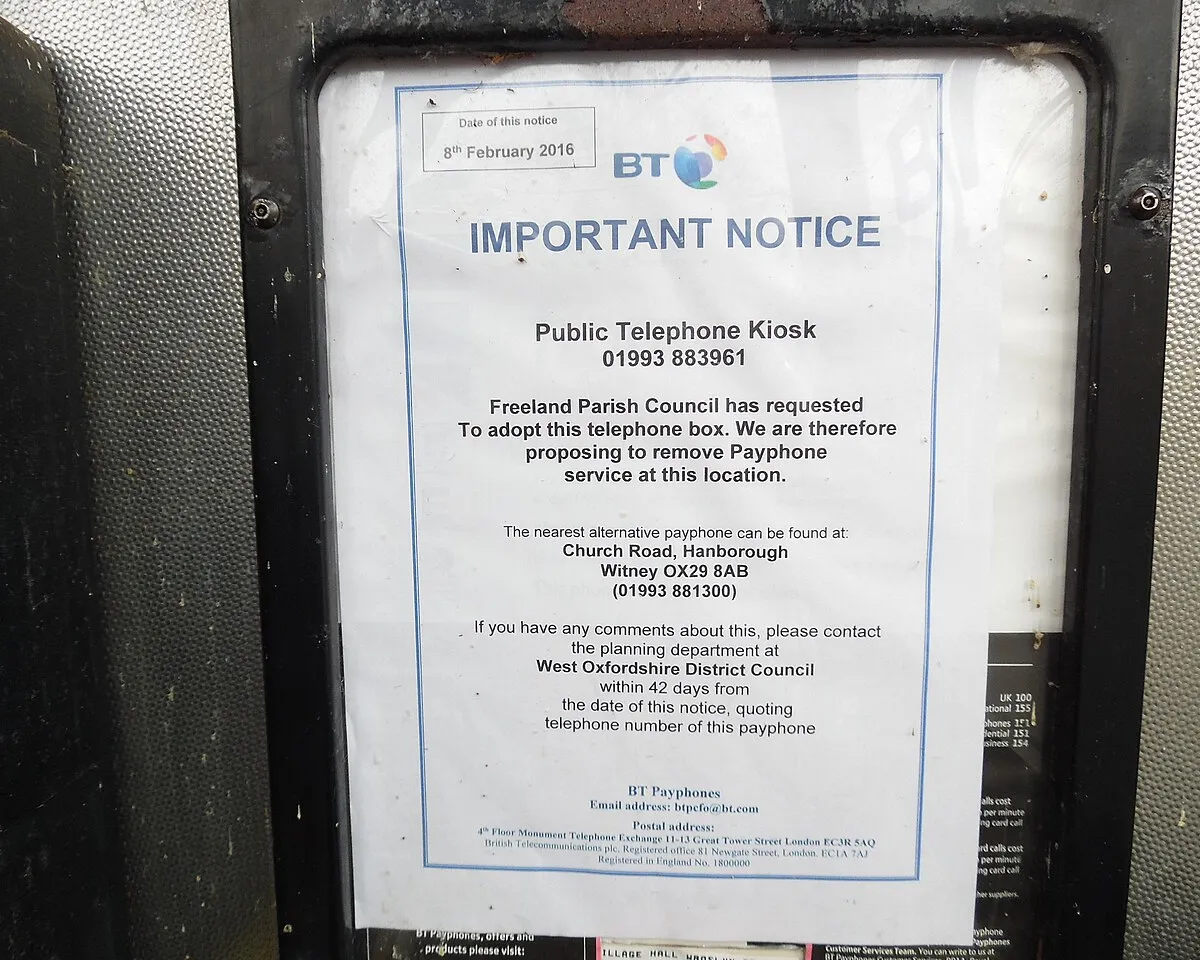 BT Notice inside KX100 Phone Box in Freeland