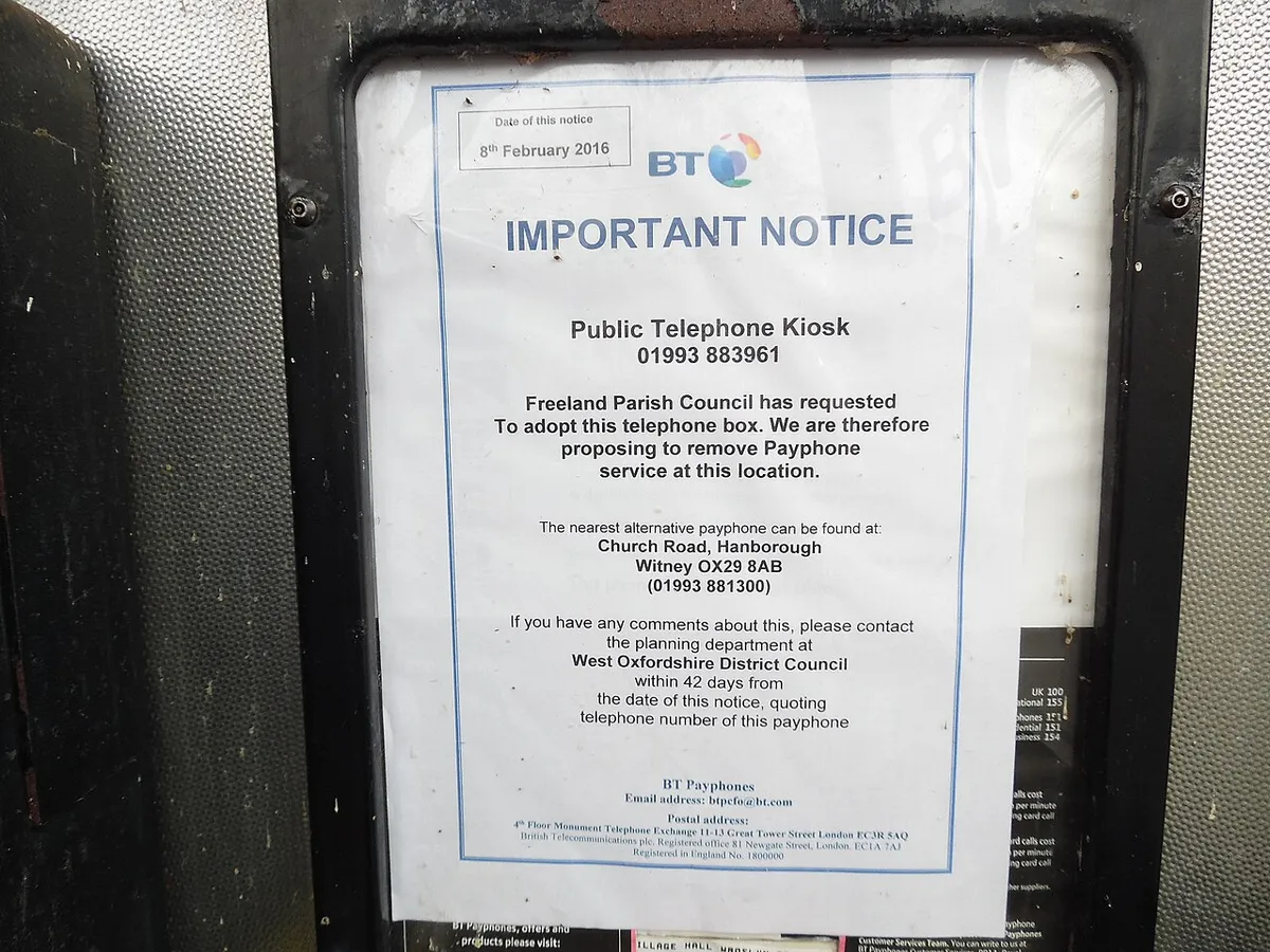 BT Notice inside KX100 Phone Box in Freeland
