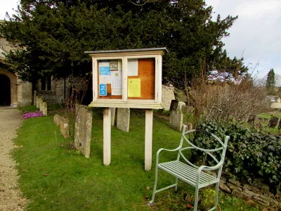 Bench and church noticeboard, Fulbrook, West Oxfordshire