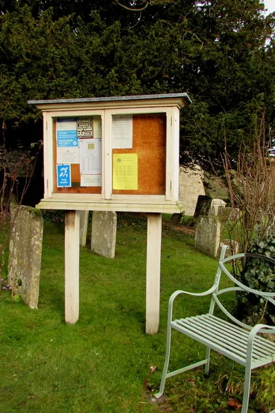 Bench and church noticeboard, Fulbrook, West Oxfordshire