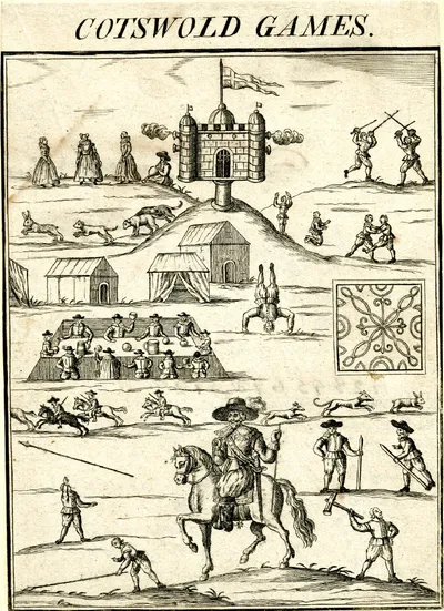 An old woodcut of the Cotswold Games. Originally published in 1636 as the cover of the book Annalia Dubrensia.