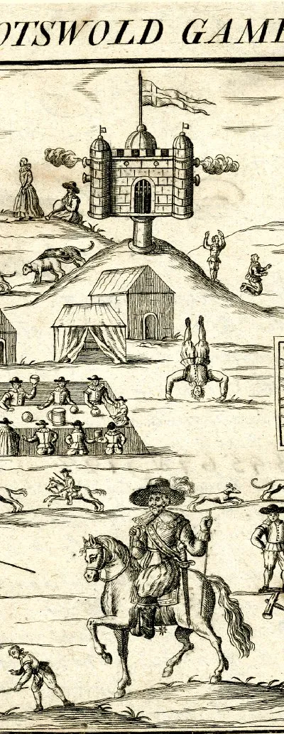 An old woodcut of the Cotswold Games. Originally published in 1636 as the cover of the book Annalia Dubrensia.