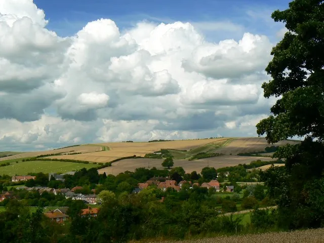 A view from a byway near Ogbourne Maizey In the distance is Coombe Down with the village of Ogbourne St George nestling in the Og valley.