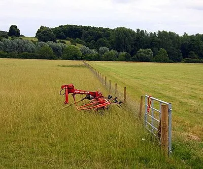 Agricultural machine (a Kuhn rotary hay tedder) in a field