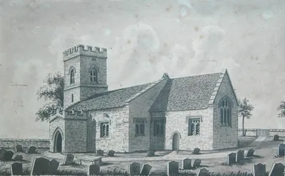 Photograph of drawing of the Church of England parish church of St Edward the Confessor, Westcot Barton (or Westcott Barton), Oxfordshire in 1852, a few years before its restoration and alteration.