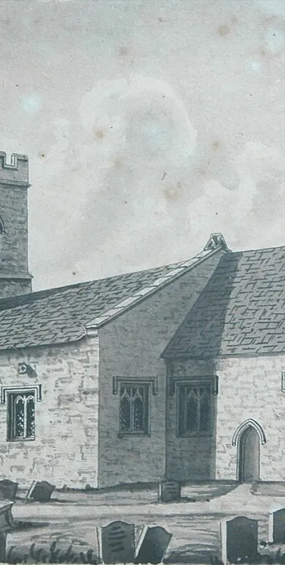 Photograph of drawing of the Church of England parish church of St Edward the Confessor, Westcot Barton (or Westcott Barton), Oxfordshire in 1852, a few years before its restoration and alteration.
