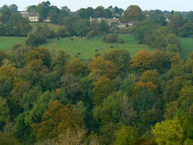 A view north across the River Frome valley, Far Oakridge This is a foreshortened look across the deep valley that contains not only the river but also a railway and an old canal. The property at top centre is shown on the maps as Iles's House. It may once have been known as Iles's Farm. If so there is some information here: http://www.british-history.ac.uk/report.aspx?compid=19016