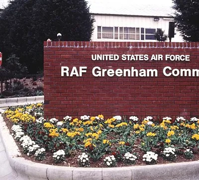 RAF Greenham Common welcome wall 1990. Newbury, Berkshire