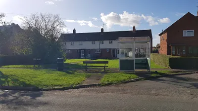 Bus stop and houses, Holly Grove, Ryall, Worcestershire