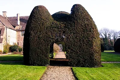 Great Chalfield Manor is a National Trust property in Wiltshire. The garden, in arts and craft style, was designed by Alfred Parsons: it contains this unusual yew topiary in the form of a house.