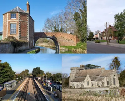 Montage of places in Stonehouse, Gloucestershire, UK. Assembled from File:Stonehouse railway station, 2019.jpg, File:St Cyr's church, Stonehouse, March 2020.jpg, File:Nutshell Bridge, Stroudwater Canal, March 2020.jpg, File:Stonehouse high street, April 2020.jpg