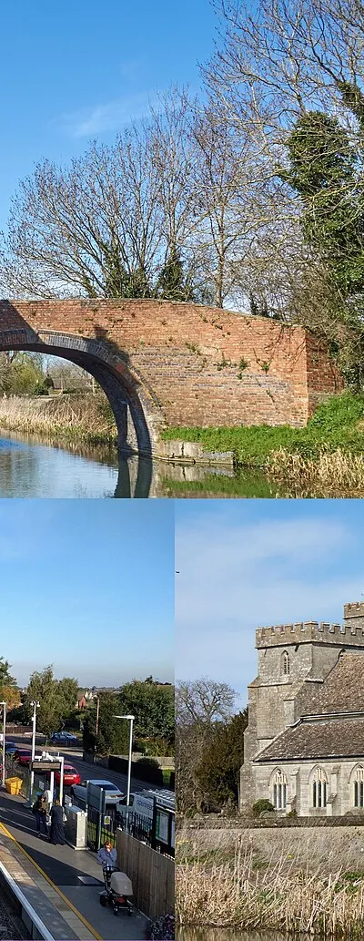 Montage of places in Stonehouse, Gloucestershire, UK. Assembled from File:Stonehouse railway station, 2019.jpg, File:St Cyr's church, Stonehouse, March 2020.jpg, File:Nutshell Bridge, Stroudwater Canal, March 2020.jpg, File:Stonehouse high street, April 2020.jpg