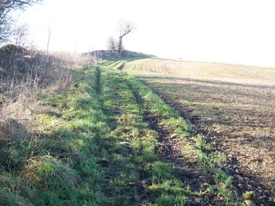 Bridleway to the tops After escaping the confines of the lane, the bridleway follows the field edge.  A footpath to Whittington leaves to the left by passing over a stile before the tree is reached.