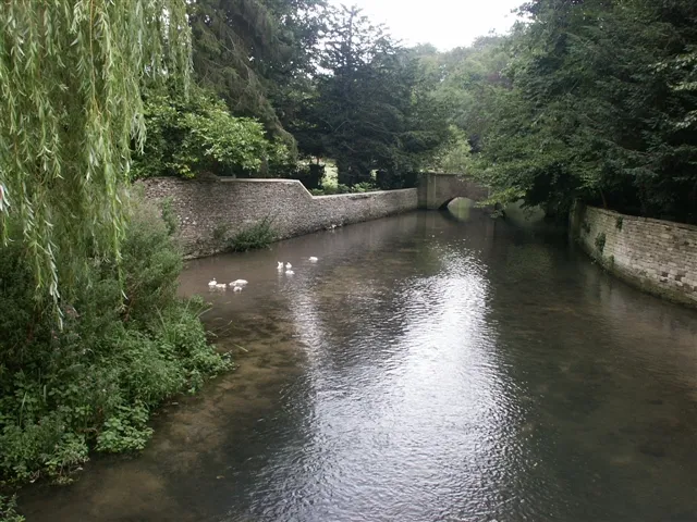 Looking downstream on the Coln, Ablington. From the road bridge in the village.