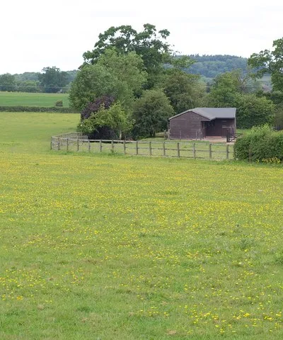 Barn near Hartpury The barn adjoins a meadow at the southern edge of the square. Taken from footpath GHA/18/1; the meadow is crossed by no fewer than four footpaths.