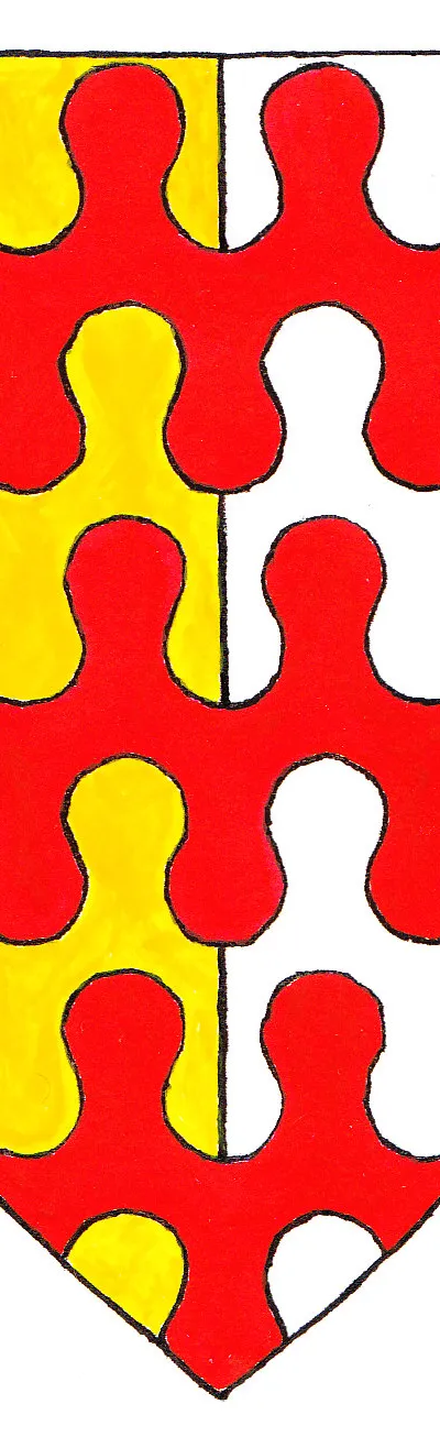 Armorials of the de Dauntsey family of Dauntsey, Wiltshire, England, UK: Per pale or and argent, 3 bars nebulée gules. Source: F. N. MacNamara (1895) Memorials of the Danvers Family (of Dauntsey and Culworth): Their Ancestors and Descendants from the Conquest till the Termination of the Eighteenth Century; with some Account of the Alliances of the Family and of the Places, where they were Seated, London: Hardy & Page, p. 254 OCLC: 5134326. These arms can be seen on various monuments within the parish church of Saint James the Great, Dauntsey. The bars are also shown undée (i.e., wavy) in the stained glass windows and in sculpted stone on the Danvers-Stradling tomb, as mentioned by MacNamara, p. 251.
